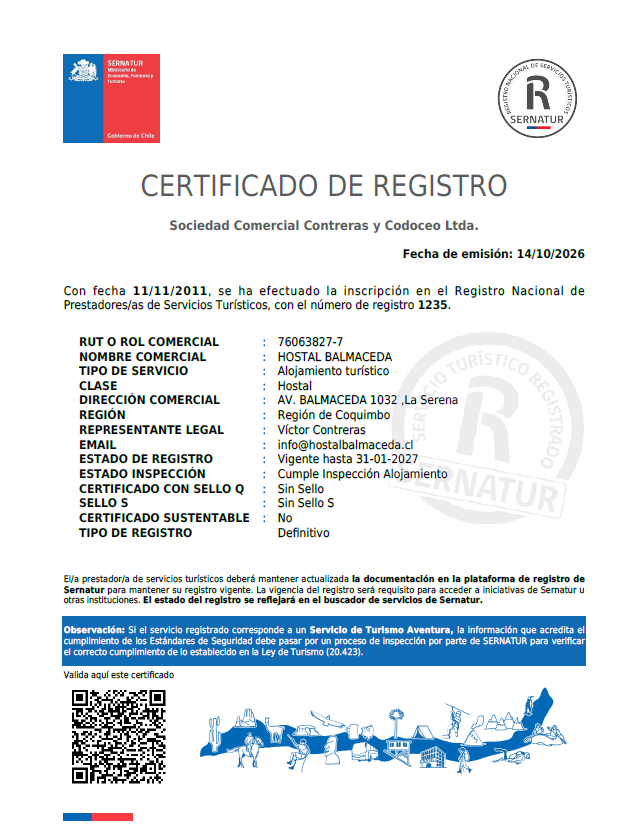 Certificado Sernatur Hostal Balmaceda